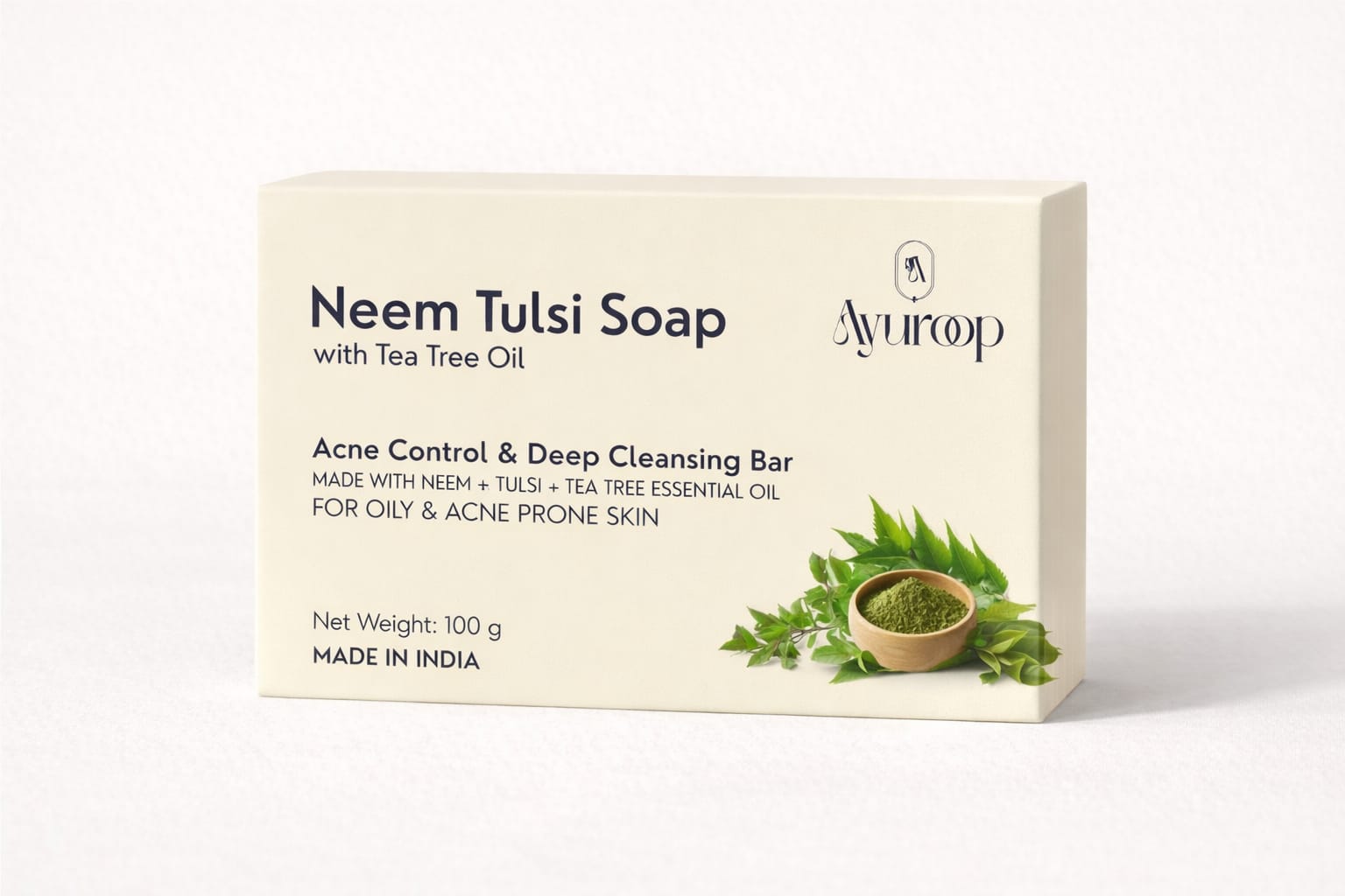 Ayuroop Neem Tulsi Soap with Tea Tree Oil – Acne Control & Deep Cleansing Bar | 100g