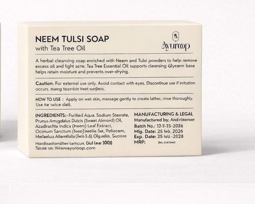 Ayuroop Neem Tulsi Soap with Tea Tree Oil – Acne Control & Deep Cleansing Bar | 100g